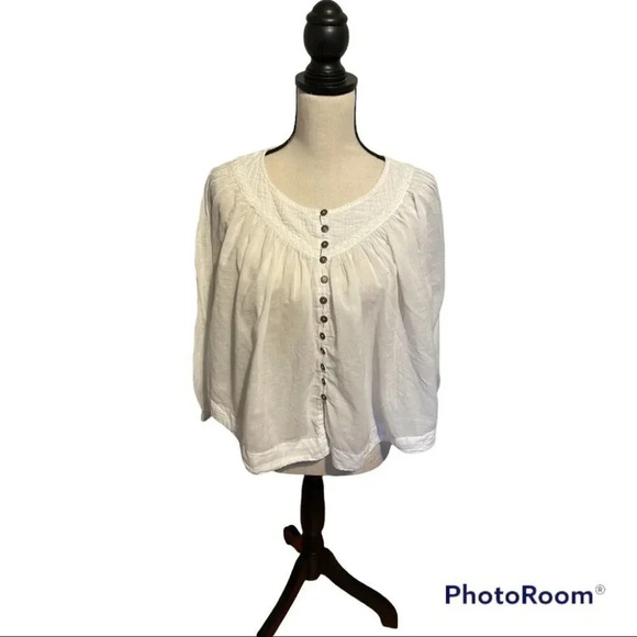 We The Free White Cotton Button Front Cropped Blouse Top XS 3/4 Sleeves - Picture 1 of 9
